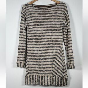 Soft Surroundings Mariana Nautical Tunic Sweater XS Oatmeal & Navy Stripe Fringe